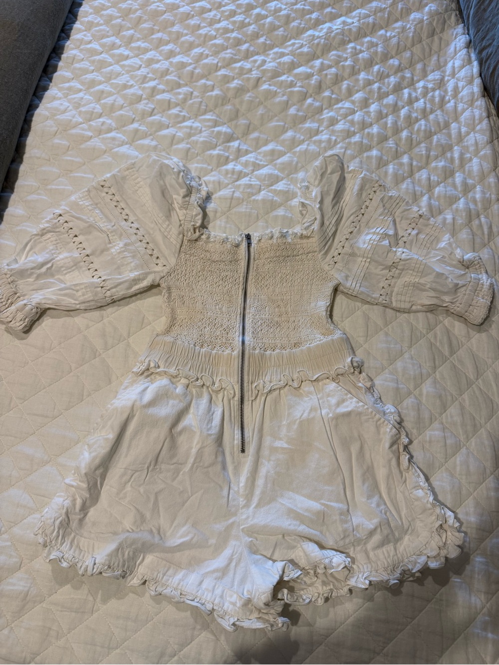Sea White Smocked Romper with Puff Sleeves